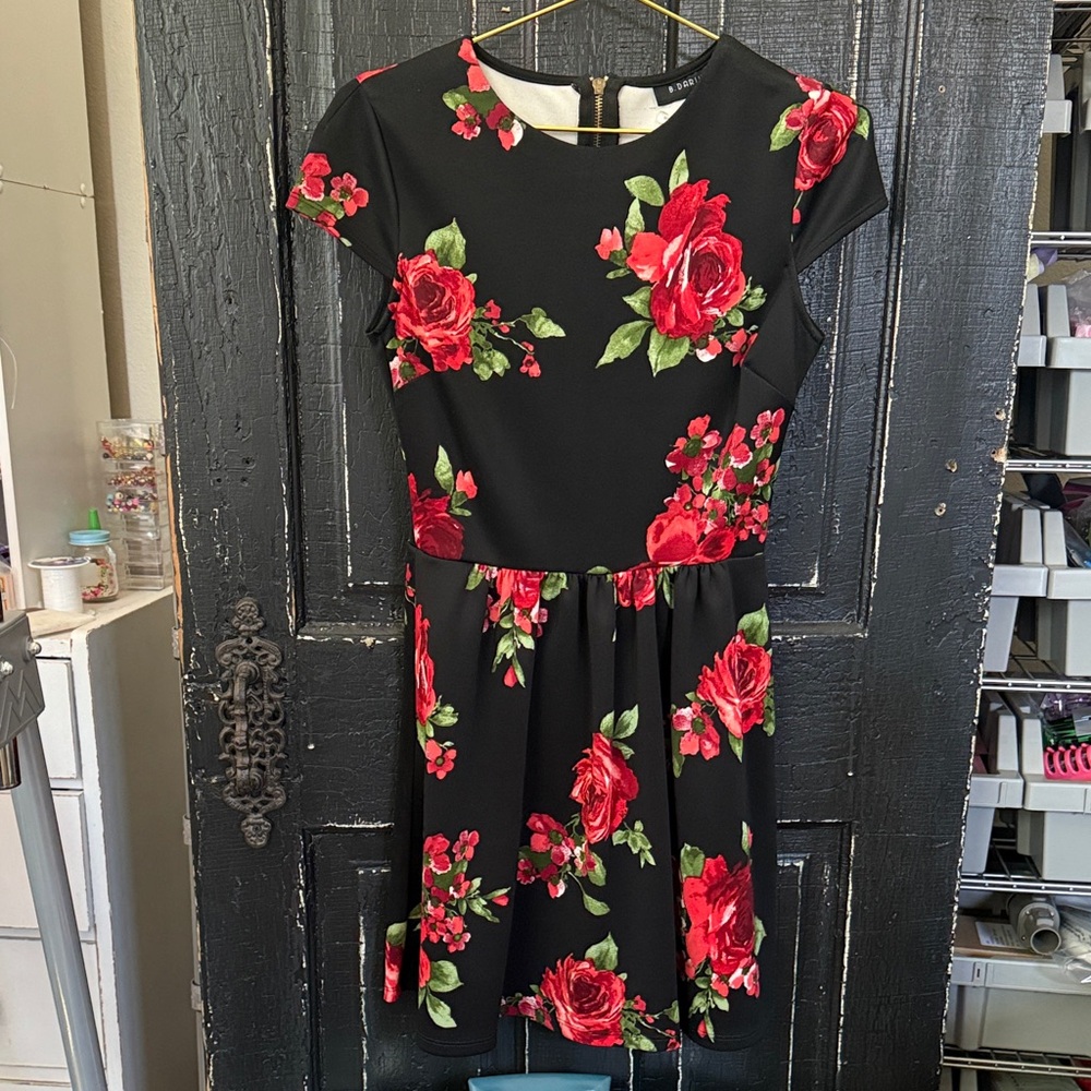B Darlin Black Dress with Red Floral Design